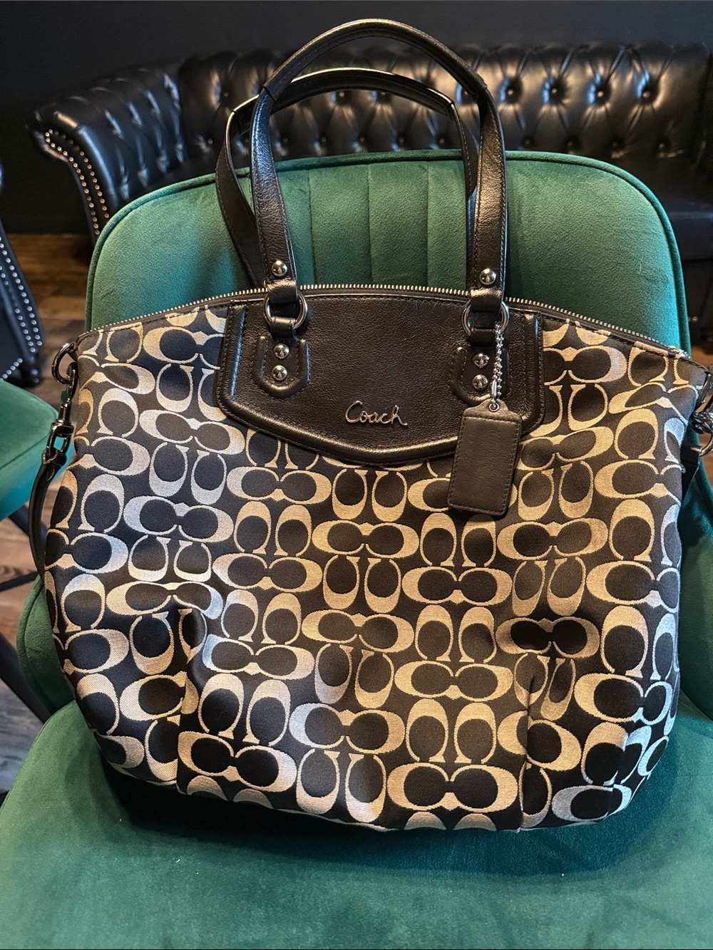 Coach Signature Satchel in Black and Cream Jacquard